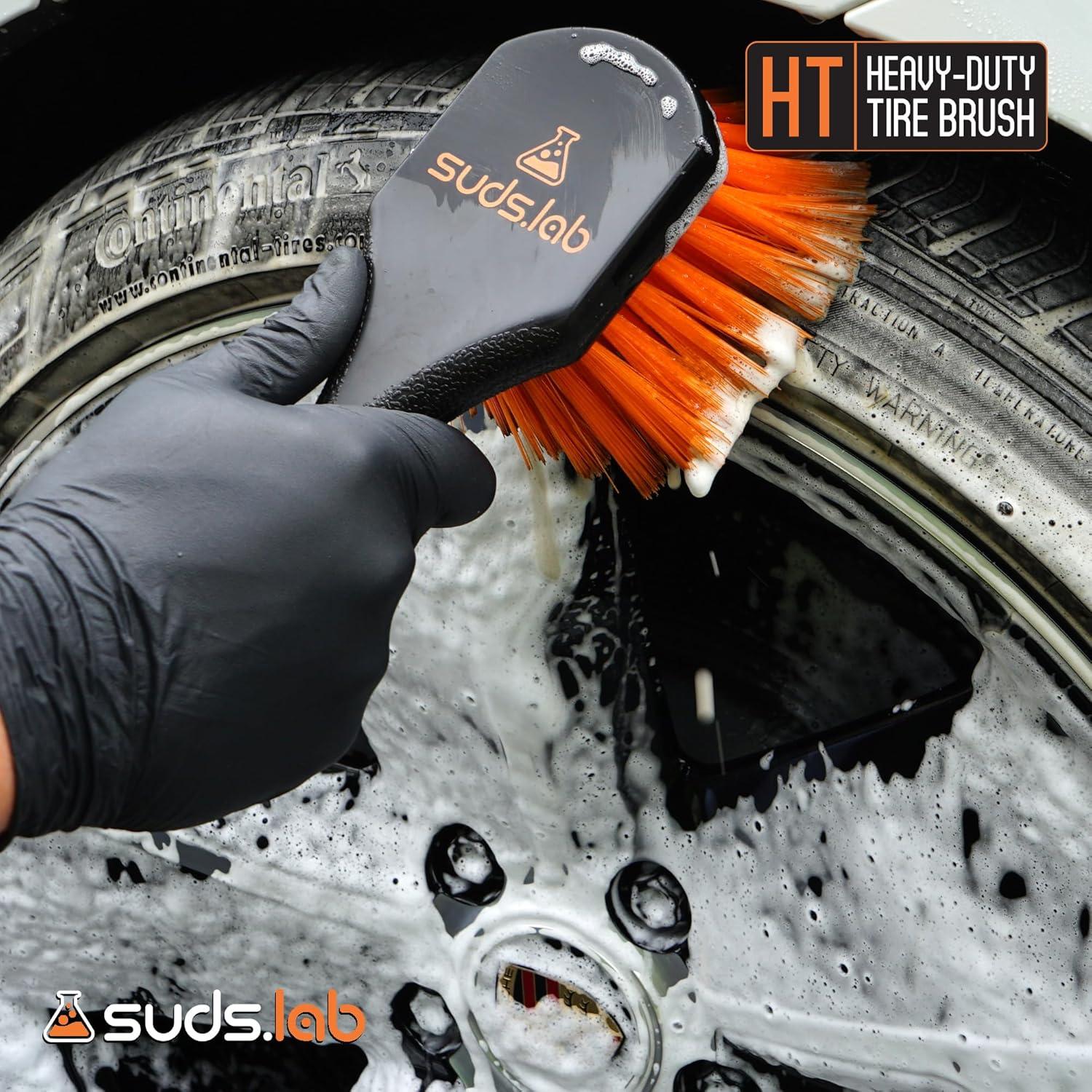 image:imageSudsLab HT Wheel and Tire Brush Rim Cleaner Wheel Brush for Cleaning Car Truck Auto Motorcycle Detailing Tools Curved Shape Black 85 Inch x 3 Inch x 3 InchPlastic Handle