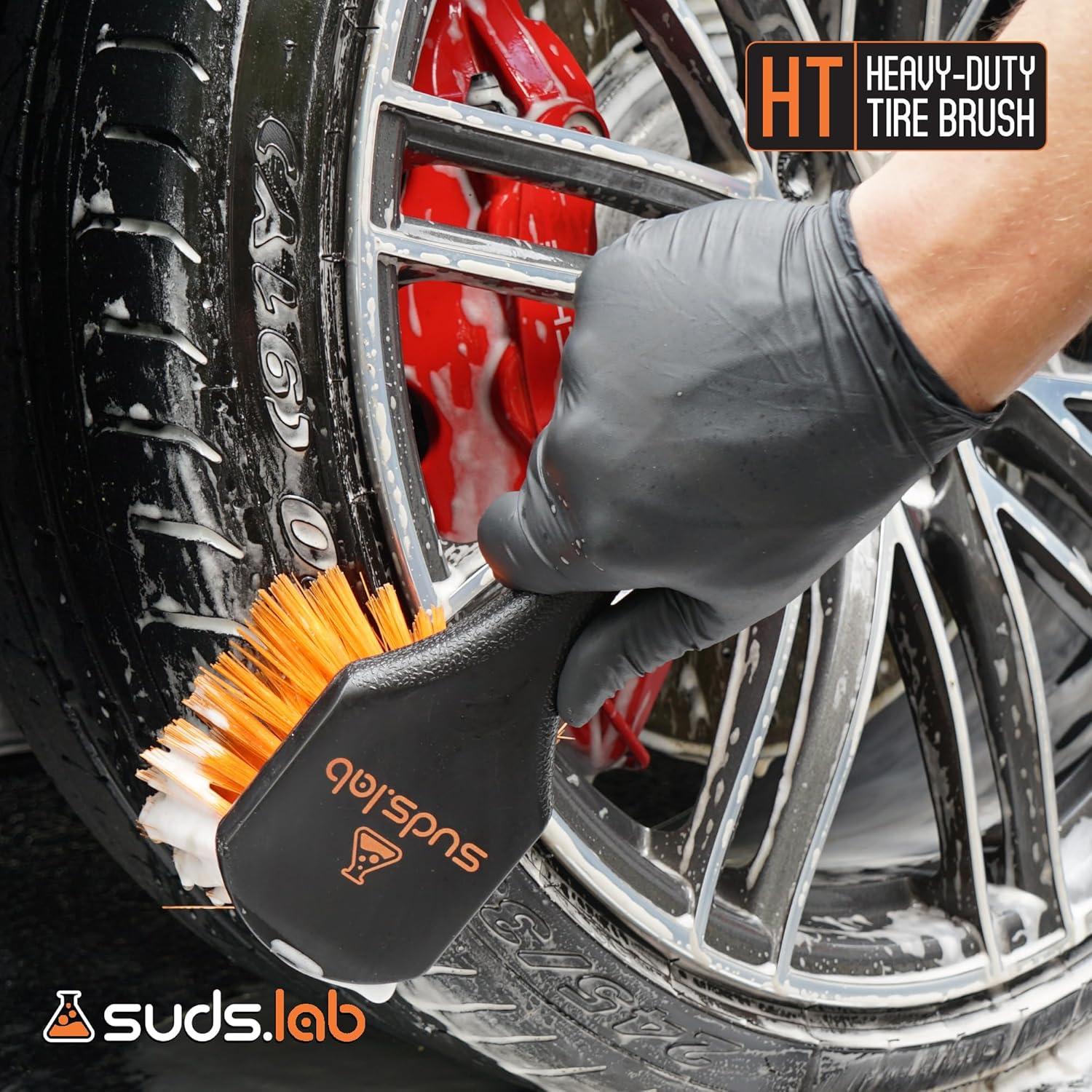 image:imageSudsLab HT Wheel and Tire Brush Rim Cleaner Wheel Brush for Cleaning Car Truck Auto Motorcycle Detailing Tools Curved Shape Black 85 Inch x 3 Inch x 3 InchPlastic Handle