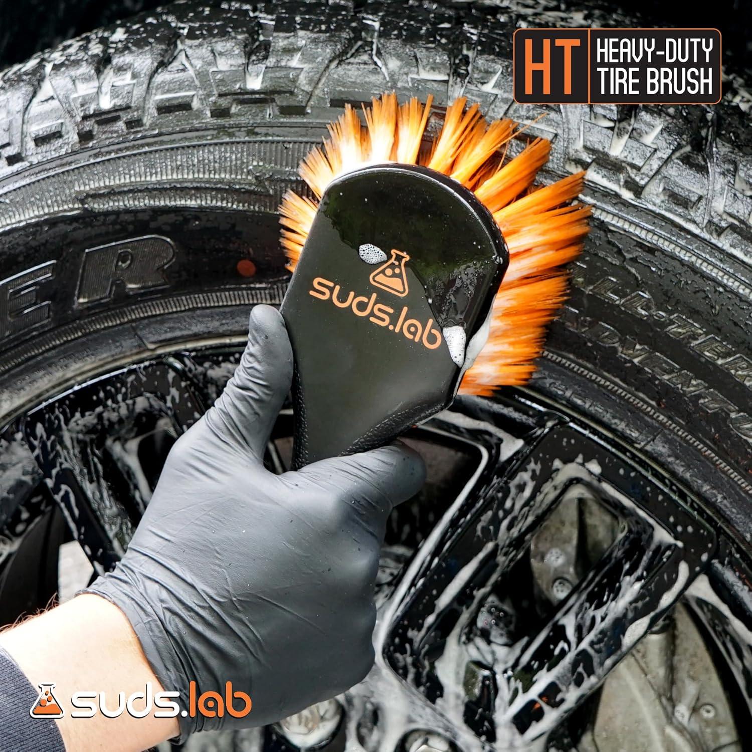 image:imageSudsLab HT Wheel and Tire Brush Rim Cleaner Wheel Brush for Cleaning Car Truck Auto Motorcycle Detailing Tools Curved Shape Black 85 Inch x 3 Inch x 3 InchPlastic Handle