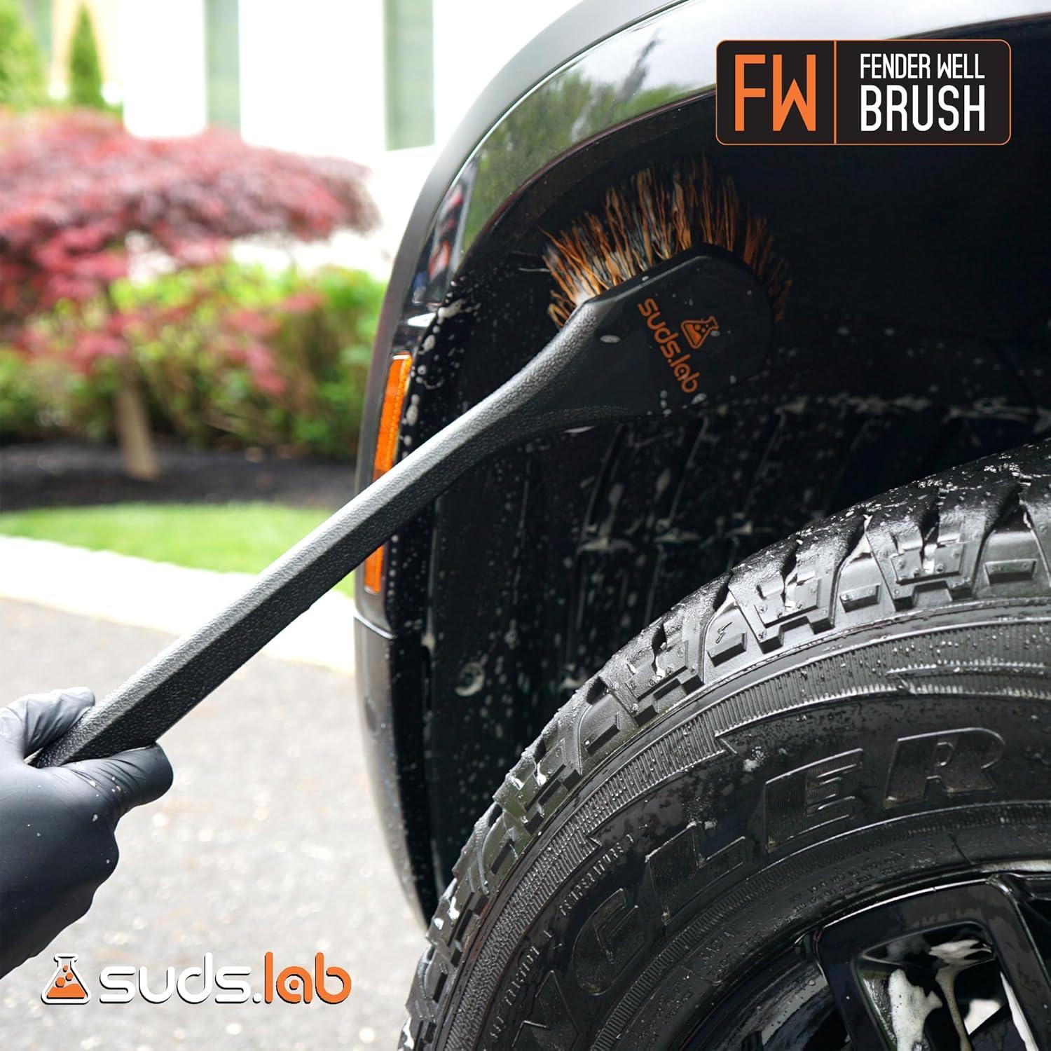 image:imageSuds Lab FW Fender Well Brush Car Wash Brush Long Handle Tire Cleaner for Car Detailing 18 Inch Soft Bristles NonSlip Grip Black