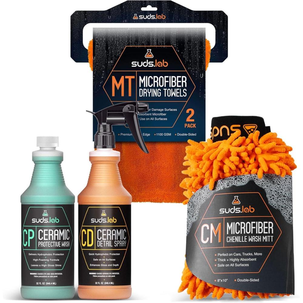 image:imageSuds Lab Car Wash Cleaning Tools Kit Car Detailing Set with Ceramic Protective Wash Detail Spray Wash Mitt and Microfiber Drying Towels Care Kit  4 Piece Set