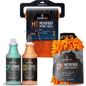Suds Lab Car Wash Cleaning Tools Kit Car Detailing Set with Ceramic Protective Wash Detail Spray Wash Mitt and Microfiber Drying Towels Care Kit – 4 Piece Set