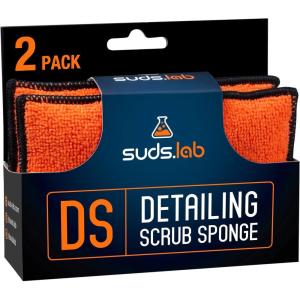 Suds Lab DS Detailing Scrub Sponge – Microfiber Scrub Pad for Car Detailing, Two Textures for Polishing & Scrubbing, Durable & Absorbent, Multi-Surface Use, Washable & Reusable – 6 Pack, Orange(Set of 2)