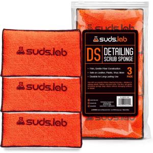Suds Lab DS Detailing Scrub Sponge – Microfiber Scrub Pad for Car Detailing, Two Textures for Polishing & Scrubbing, Durable & Absorbent, Multi-Surface Use, Washable & Reusable – 6 Pack, Orange(Set of 3)