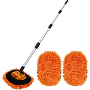 Suds Lab EM Extendable Wash Mitt with 170° Telescopic Handle – 58″ Car Wash Mop with 2 Scratch-Free Chenille Microfiber Car Washing Mitts for SUVs, RVs and Trucks