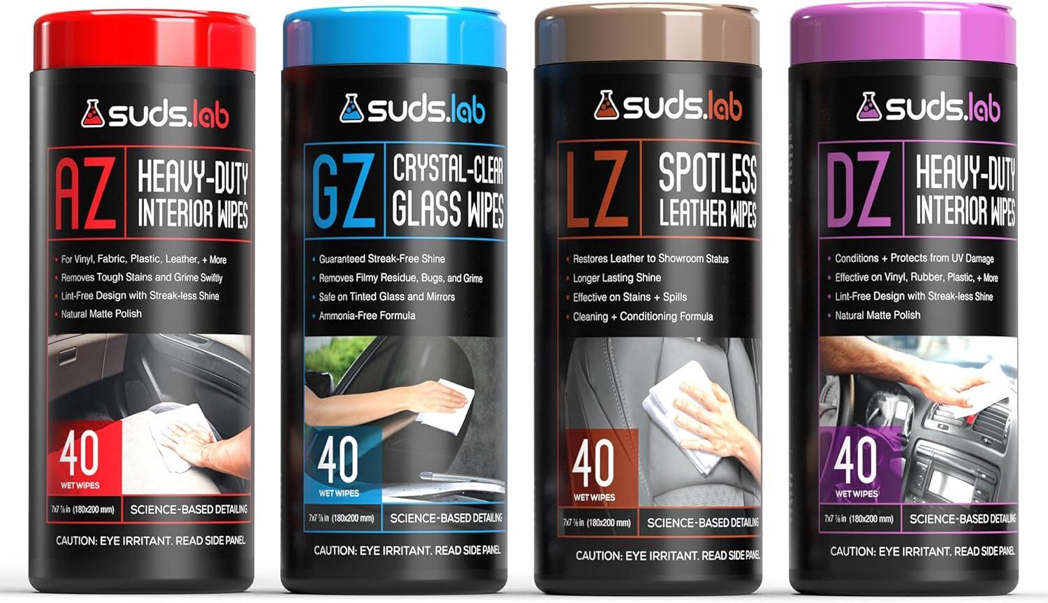 image:imageSuds Lab Car Wipes Interior Cleaning Bundle Pack of 4 AllPurpose Cleaner Protectant Leather Cleaner and Glass Cleaner Automotive Care 160 Wipes